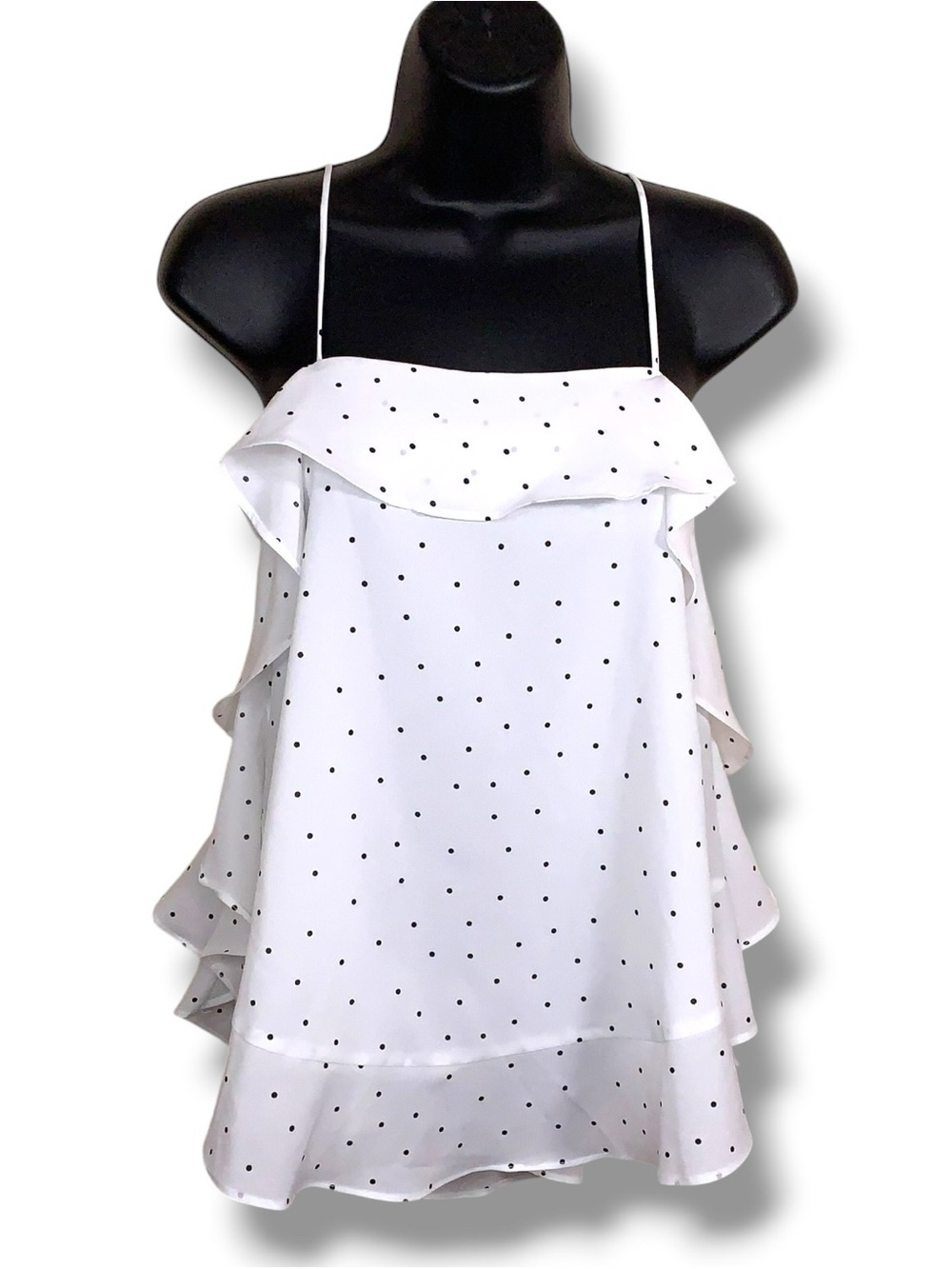 Medium Essue White Black Polka Dot Ruffle Sleeveless Blouse Flowy Pinup